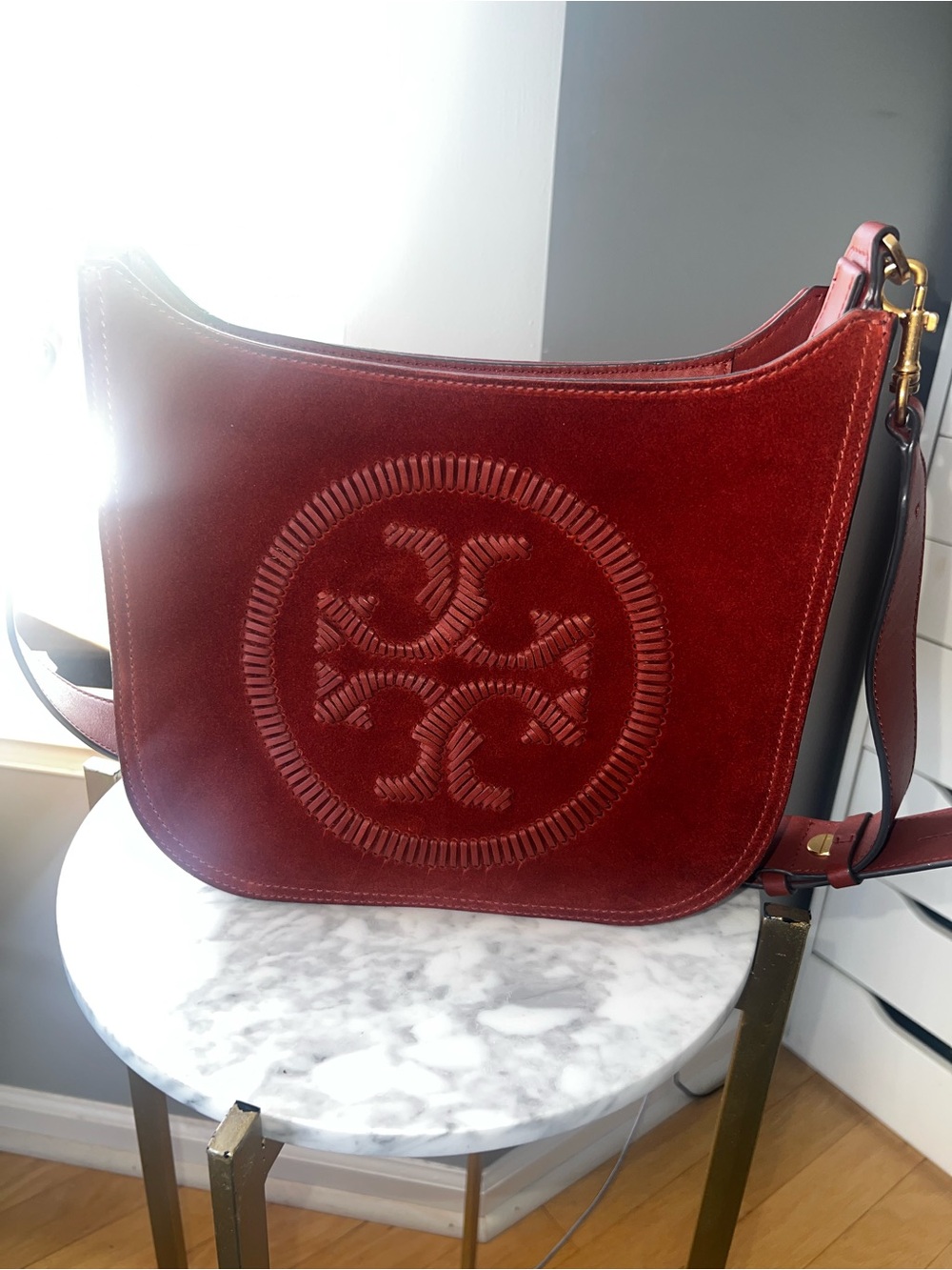 Tory Burch Deep Burnt Orange Suede Shoulder Bag with Logo Medallion
